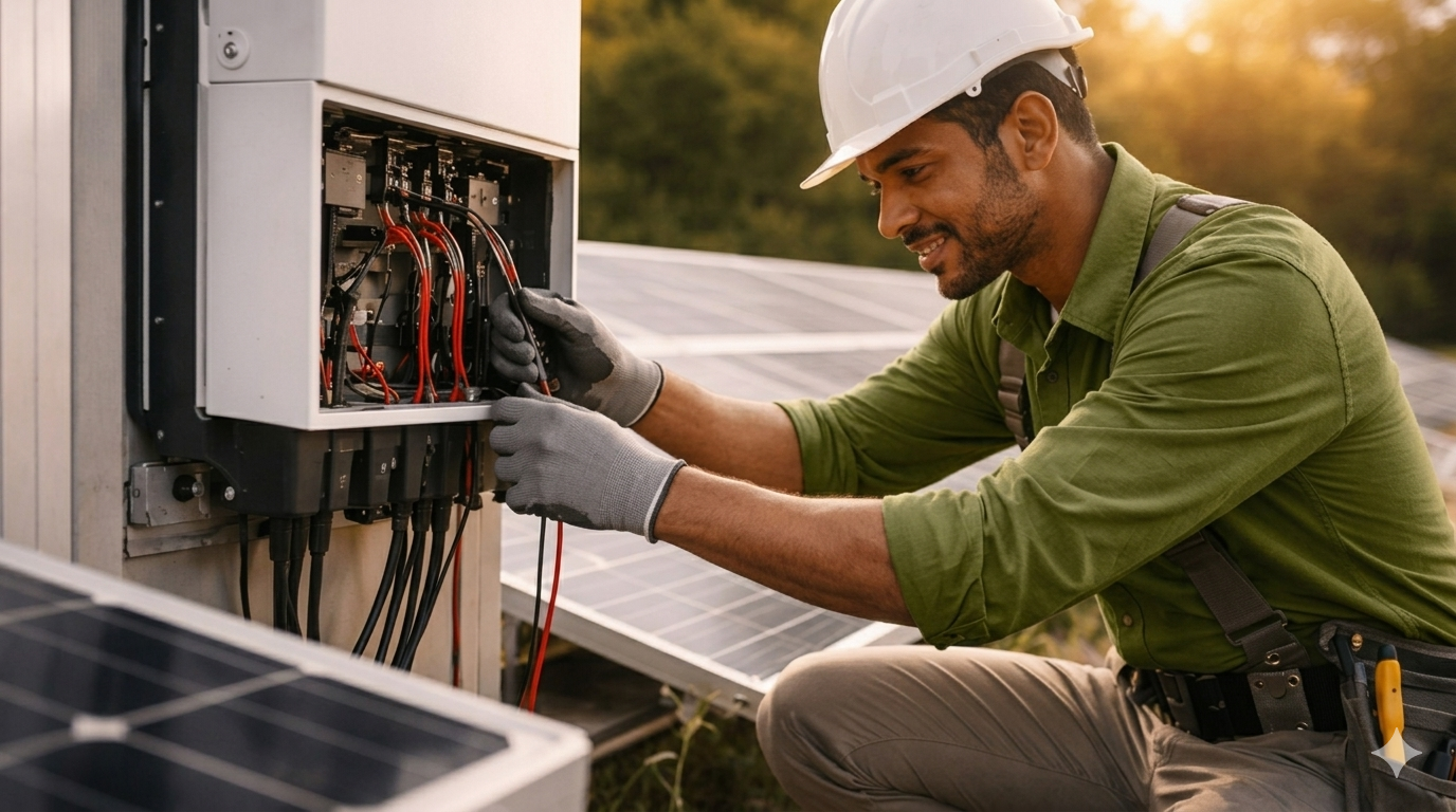 Profissional executando manutenção em equipamento elétrico de sistema fotovoltaico, representando operação, monitoramento e proteção de instalações de energia renovável.
